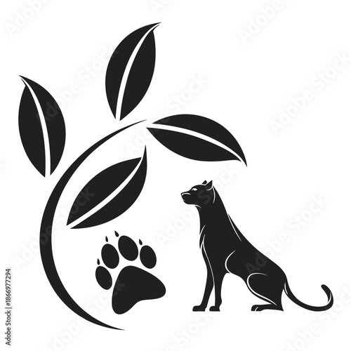 Silhouette of a cat with leaves and paw print