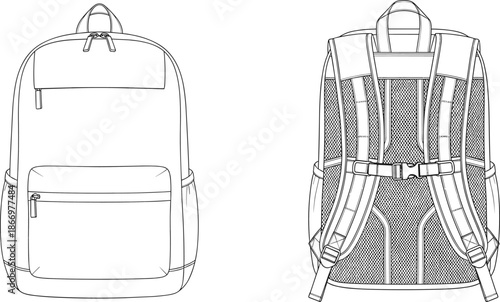 Backpack front and back view vector illustration, line art travel bag design, isolated school outdoor accessory icon