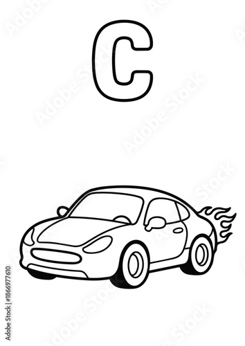 Letter C Coloring Book Page for Kids with Cute Car. Vector Outline Illustration.