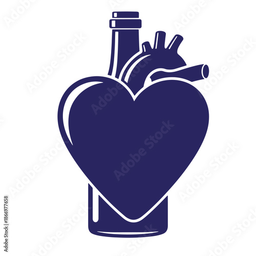 heart shaped wine bottle with cork and neck on white background for valentines day or romantic evening