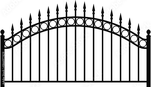Ornate wrought iron gate silhouette illustration, decorative metal fence design, black white minimalist vector entrance barrier isolated background graphi