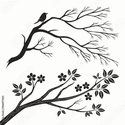 Silhouette of a bird on a branch with blossoms