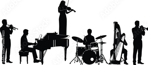 Music band silhouette illustration featuring orchestra musicians with violin piano drums harp and trumpet, live concert performance isolated vector design