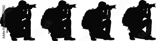 Photographer silhouette sequence illustration, professional photographer kneeling shooting camera, outdoor photography concept, photojournalismeative visual storytelling
