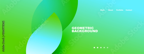 Abstract green background features overlapping shapes. Text reads Geometric Background with navigation options visible. Simple, modern design.