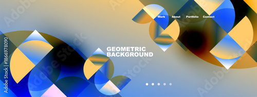 Abstract geometric design features overlapping shapes, vibrant colors, gradient effects. Navigation menu present, simple dots indicate sections.