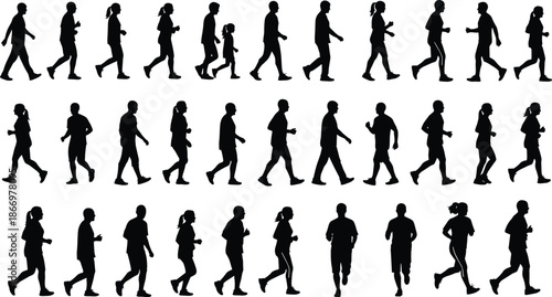 Silhouettes of Adults and Children Walking and Jogging in Varied Poses for Motion Study, Animation, or Design Use