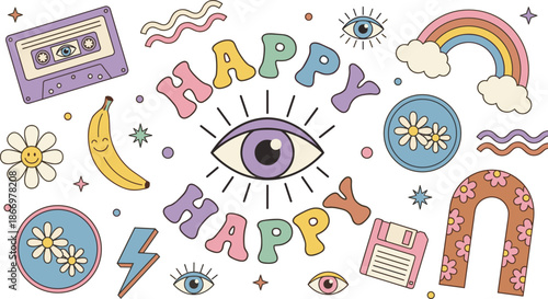Retro happy doodle illustration set, colorful positive symbols, smiley icons, rainbow flowers eyes, playful vintage graphic elements