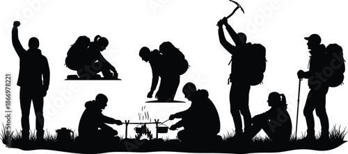 Outdoor adventure silhouettes, hikers camping cooking climbing and celebrating nature exploration isolated on white background vector illustration design