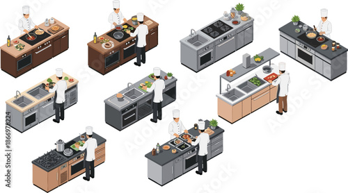 Isometric chef kitchen illustration set, professional cooks preparing meals, modern restaurant workspace scenes, culinary food preparation, design, interior