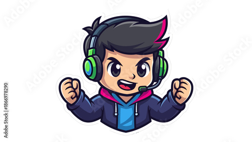 Excited young gamer with headphones and microphone.