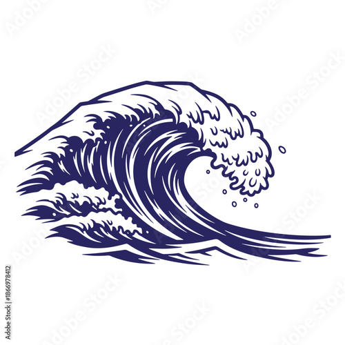 Illustration of a large ocean wave crashing with white foam on transparent background