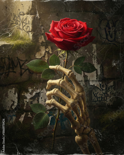 Skeleton Hand Holding Red Rose Against Grungy Wall Background