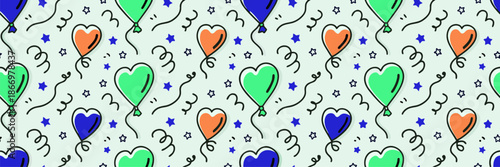 Colorful heart shaped balloons and stars festive pattern