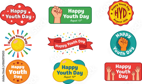 Happy Youth Day stickers set, August 12 celebration badges, youth empowerment icons, colorful festive labels, social awareness illustration pack