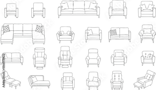 Sofa and armchair front view outline vector illustration set, living room furniture collection, minimal line icons