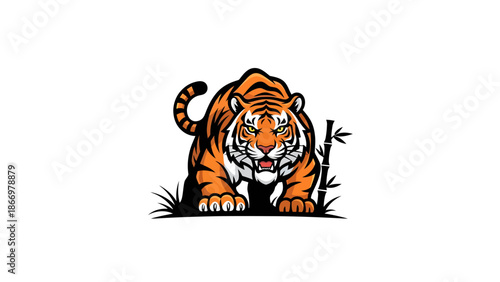 Fierce Tiger Mascot Roaring with Bamboo Stalks.
