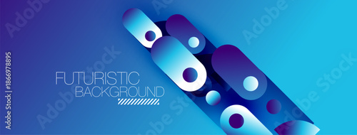 Abstract blue background features rounded rectangles, circles. Gradient colors create futuristic visual effect. Text reads futuristic background.