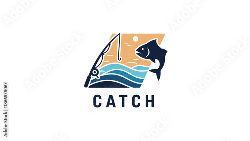 Fishing rod and jumping fish logo design.