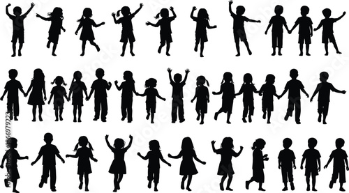 Silhouettes of Children in Varied Playful, Social, and Expressive Poses for Educational, Recreational, or Design Illustration Use
