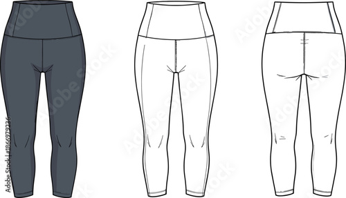 Women high waisted leggings technical outline, fitted activewear pants front and back view, sports apparel design, cad drawing flat vector illustration