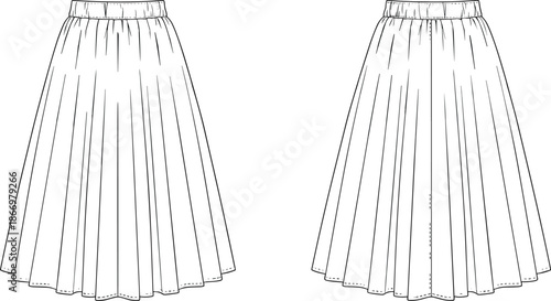 Women pleated skirt technical outline, midi length elastic waistband skirt, fashion garment design, minimal style, cad drawing flat vector illustration
