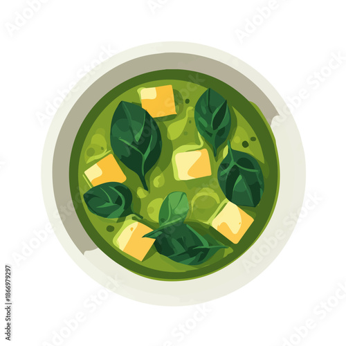 Flat 2D vector illustration of Saag Paneer, simple icon style on a clean white background.
