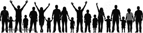 Silhouettes of Diverse Adults and Children Standing Together in Unity and Community Poses for Sociological or Design Use
