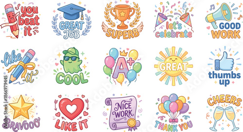 Cute colorful praise stickers set, positive feedback icons, kids reward badges, education achievement labels, celebration illustrations, motivational design elements