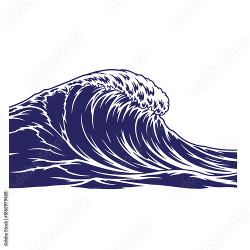 Large ocean wave crashing with white highlights on transparent background