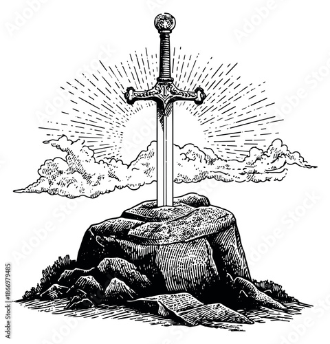 Hand drawn line art illustration of a sword in the stone depicting legendary power and destiny for fantasy and adventure themes