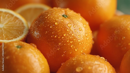 CloseUp of Fresh Oranges with Water Droplets and Orange Slice Background for Design