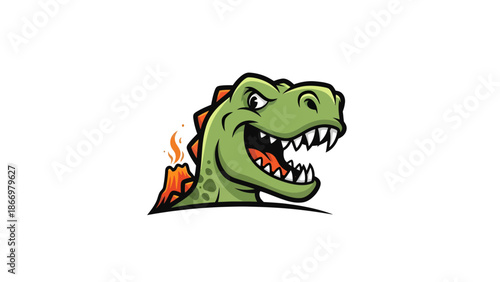 Green Dinosaur Head with Fiery Volcano Logo Design.