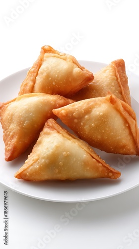 Crispy Golden Samosas on White Plate, CloseUp View of Indian Appetizer