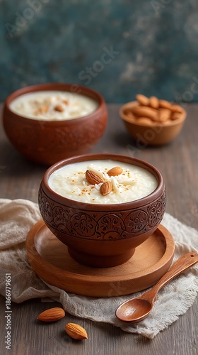 Creamy Rice Pudding with Almonds Served in Rustic Pottery Bowls on a Wooden Table