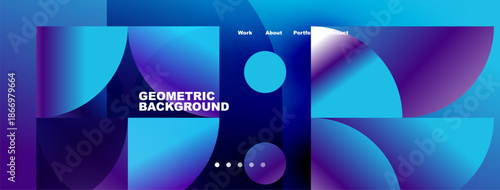Abstract geometric background. Blue purple gradients dominate design. Text includes work, about, portfolio, contact. Circles overlap creating visual interest.