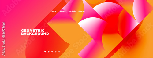 Abstract design features vibrant orange, pink hues. Geometric shapes overlap creating dynamic visual effect. Navigation menu present at top.