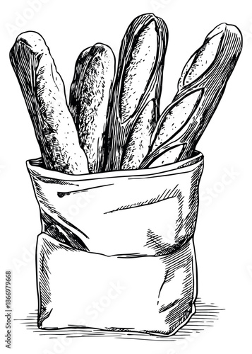Hand drawn line art illustration of baguettes in a paper bag depicting freshly baked bread for food and bakery concepts