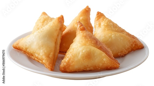 Delicious Golden Fried Samosas on a White Plate, Tempting Indian Snack Ready to Eat