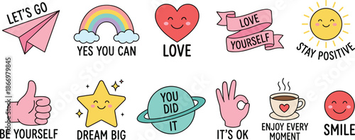 Positive motivational quotes sticker set cute hand drawn icons love yourself smile dream big encouragement colorful vector collection