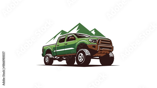 Green OffRoad Pickup Truck with Large Tires and Mountain Background.