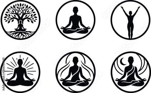 Yoga meditation silhouette icon set tree of life mindfulness wellness spiritual balance black circular vector symbols collection