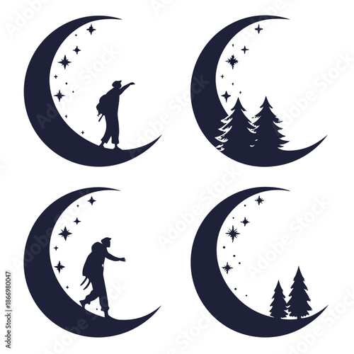 Silhouettes on crescent moons