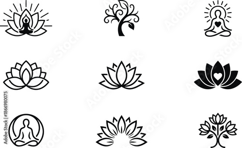 Lotus yoga meditation icon set spiritual mindfulness tree life healing symbols black minimal line vector collection