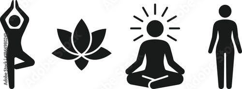 Yoga meditation silhouette icon set lotus pose mindfulness wellness human body balance black vector symbols isolated design