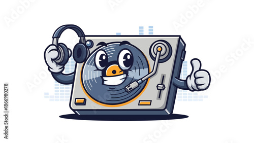 Happy cartoon record player character with headphones giving thumbs up.