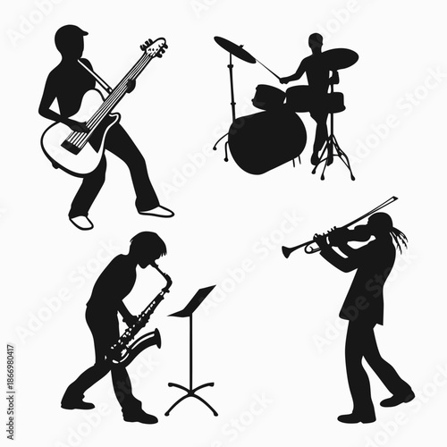 Silhouettes of musicians playing instruments