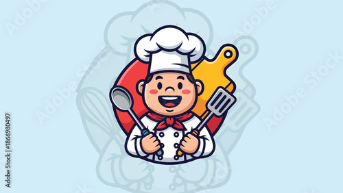 Happy Chef Holding Cooking Utensils with Cutting Board.