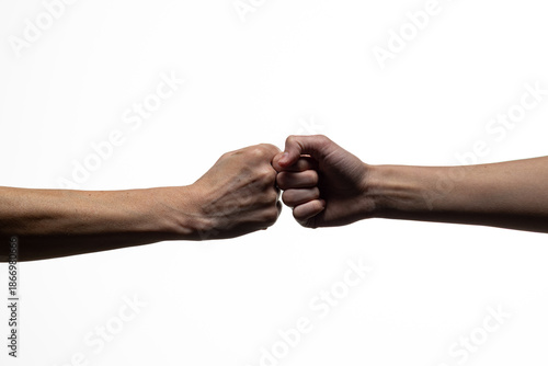 Wallpaper Mural Two human fists meet in a central fist bump gesture, symbolizing solidarity, agreement, or encouragement. Clean white background with ample copy space Torontodigital.ca