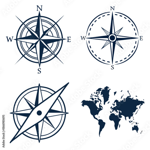 Collection of compass and world map illustrations